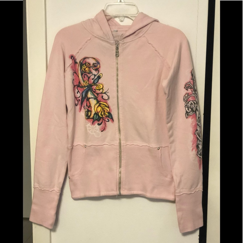 BEJEWELED PINK GRAPHIC HOODIE SWEATSHIRT LIKE NEW